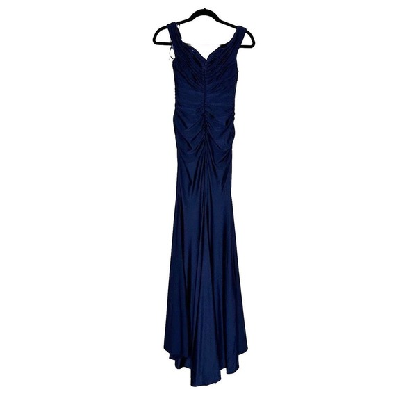 NWT La Femme Pleated Off the Shoulder Trumpet Gown Navy Blue Women's Size 0 - Picture 3 of 5